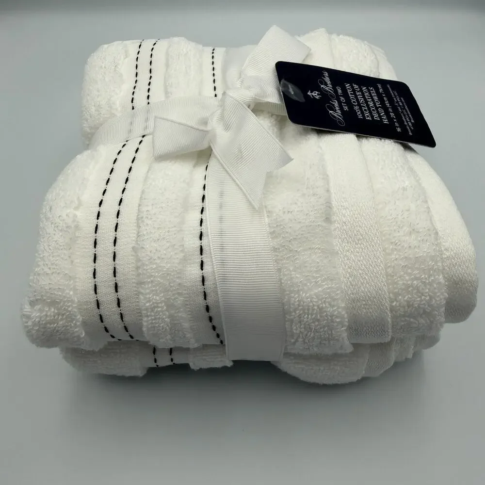 Brooks Brothers 100% Cotton Hand Towel Set 2 White Black Stitch 16x28